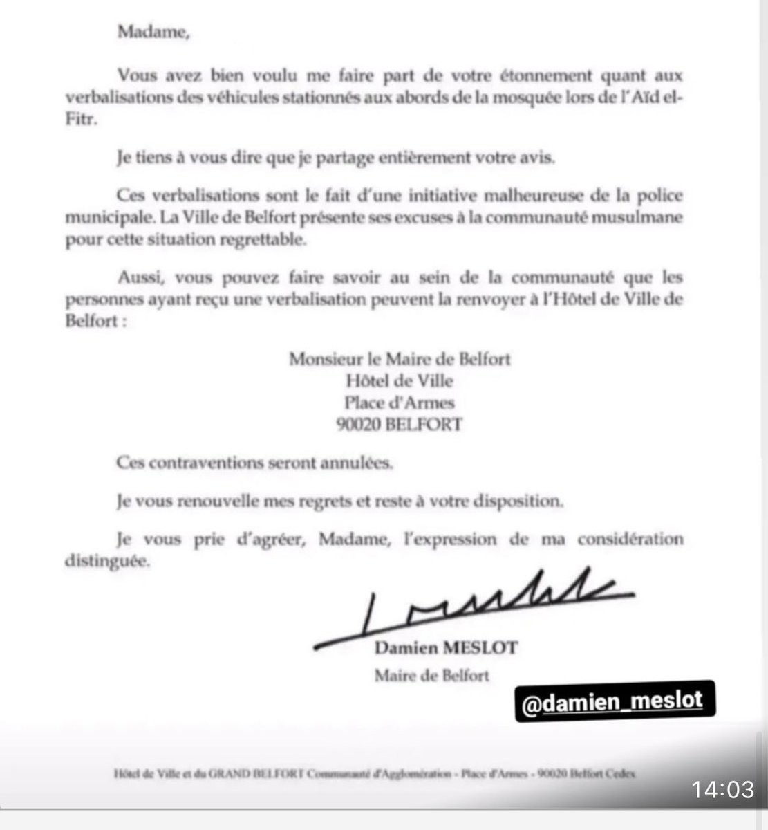 @DamienRieu @GrosdidierMetz Décidément #LR ratisse large , lettre d'excuse du maire de #Belfort également @lesRepublicains pour les amendes suite à la fin du #Ramadan