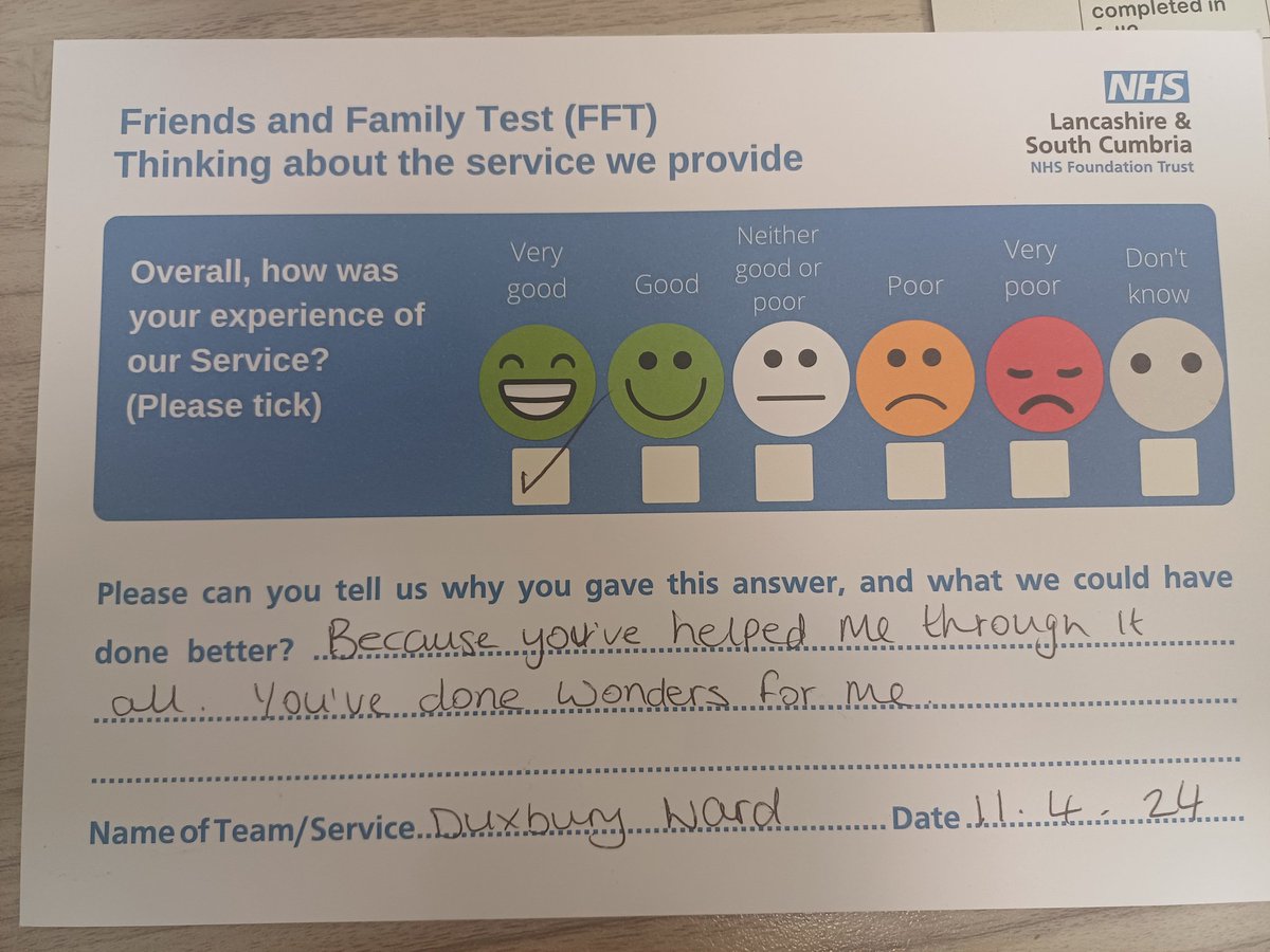 Some lovely feedback from a lovely service user on duxbury ward today, who is going home ☺️ It's the little things that help in a big way, and the team should be proud of the work they do. 😁 @duxbury_ward @Nurse_Oldham @Emily_RMN @AbiHiltonNHS