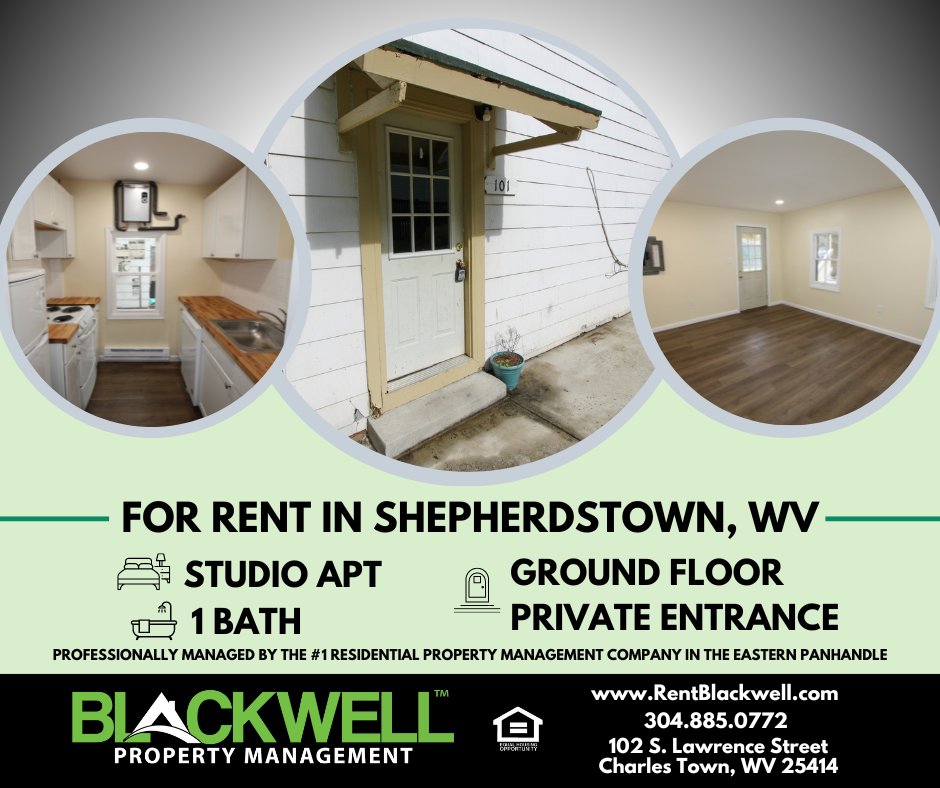 For Rent: Studio Apartment in Shepherdstown, WV! Visit  304 W German St Apt 101 rentblackwell.com/charles-town-h…

#CharlesTownWV #JeffersonCountyWV #ForRent #Townhome #WVRealEstate #BlackwellPropertyManagement #PropertyManagement