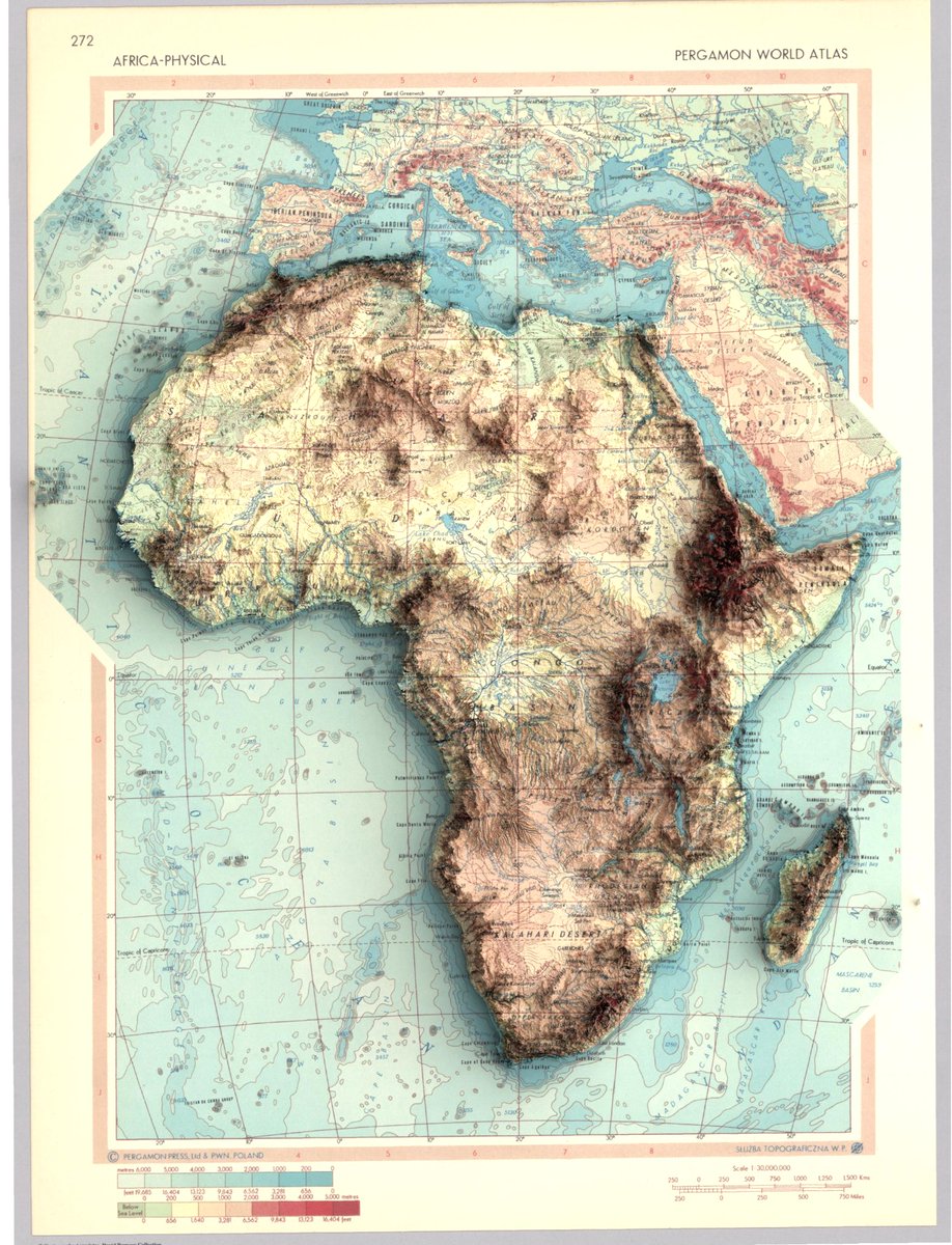 3-D Africa Physical Map🗺️ from Pergamon World Atlas,1964 Datasource @DavidRumseyMaps(Collection) made using QGIS and Blender #gischat #Africa #dataviz #geospatial #qgis #b3d #blender(1/2)