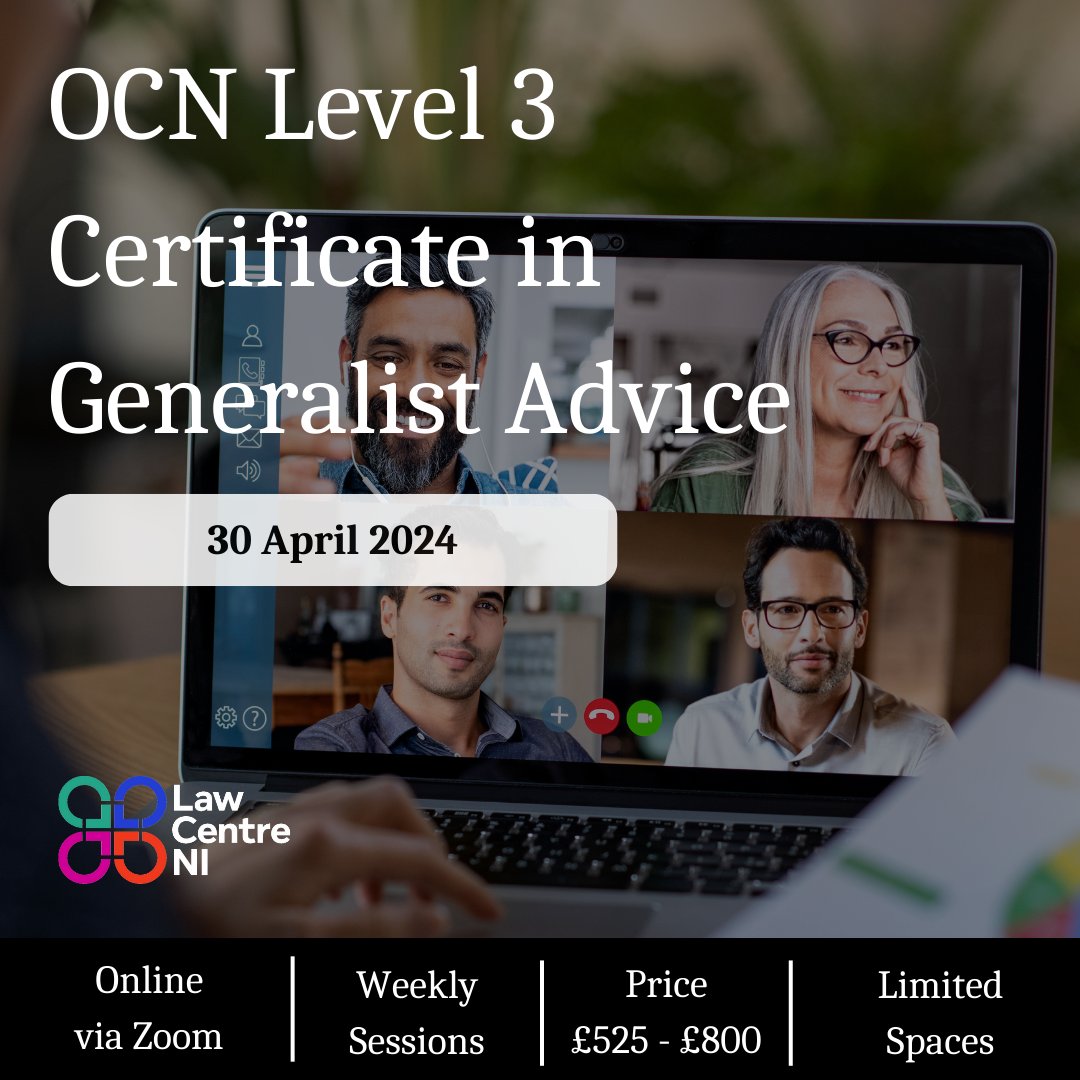 📢 Our latest OCN Level 3 Certificate in Generalist Advice starts soon! A ten-week programme designed to equip you with the skills and knowledge you need to provide effective advice to your clients. More info and details on how to book ⬇️ lawcentreni.org/professional-l…