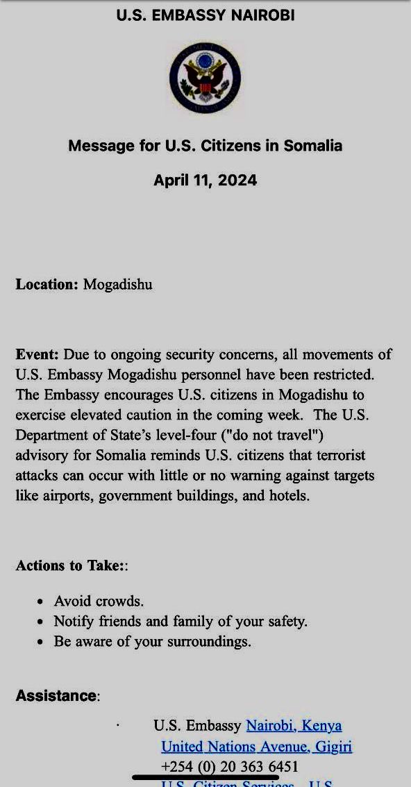 The state department announces a level 4 *  Do not travel *  advisory -  Where is the governor of #Mogadishu HSM? Where is the security of the capital? Clearly, the fake news is ending like the fake war against Al-Shabaab ended ' ( Dal Xarashe)