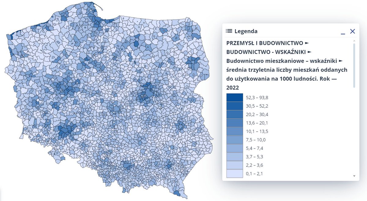 🤔Mądry Polak po szkodzie? Teraz się zastanówmy, jak rosnące i duże nierówności w rozwoju regionalnym (patrz cytowany tweet) nam ukształtowały rynek #nieruchomości. Mapa nieprzypadkowa - to średnia trzyletnia liczba ukończonych lokali i domów na 1000 osób. #demografia #Polska…