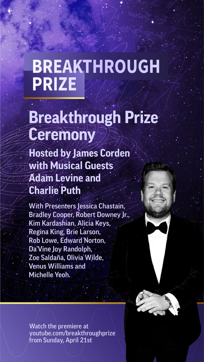 We’re delighted to announce the all-star lineup of science and entertainment luminaries at this year’s Breakthrough Prize ceremony, with James Corden returning to host for a third time. See them at the worldwide premier April 21 — streaming here and at youtube.com/watch?v=XnNsH2….