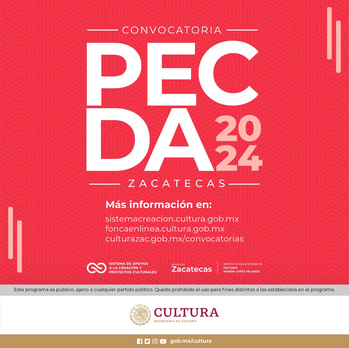 📢¡Aquí está la convocatoria PECDA Zacatecas 2024! 🔴Consulta sus bases y participa: goo.su/rcBAb @cultura_mx @IZCultura