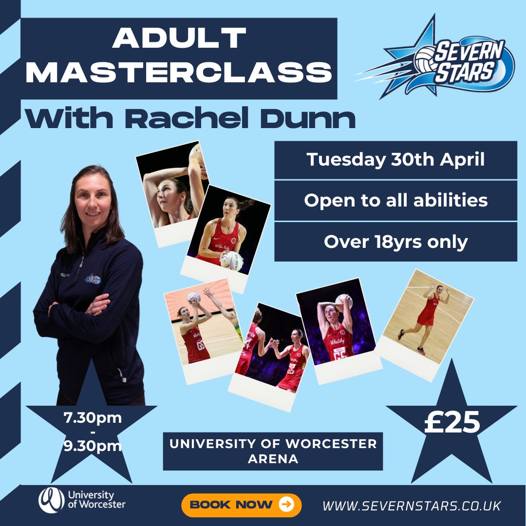 Severn Stars NSL (@severnstars) on Twitter photo Adult Masterclass 🤩 Coached by Rachel Dunn
Fancy being coached by our Technical Coach and Netball Super League legend <a href="/rach_dunn/">Rachel Dunn</a> ?
We have an exciting masterclass just for adults coming up!🌟🙌
Sign up now and learn from the best!🤩
To book 👉 webengine-01.worc.ac.uk/futurestars/ Adult Masterclass 🤩 Coached by Rachel Dunn
Fancy being coached by our Technical Coach and Netball Super League legend <a href="/rach_dunn/">Rachel Dunn</a> ?
We have an exciting masterclass just for adults coming up!🌟🙌
Sign up now and learn from the best!🤩
To book 👉 webengine-01.worc.ac.uk/futurestars/