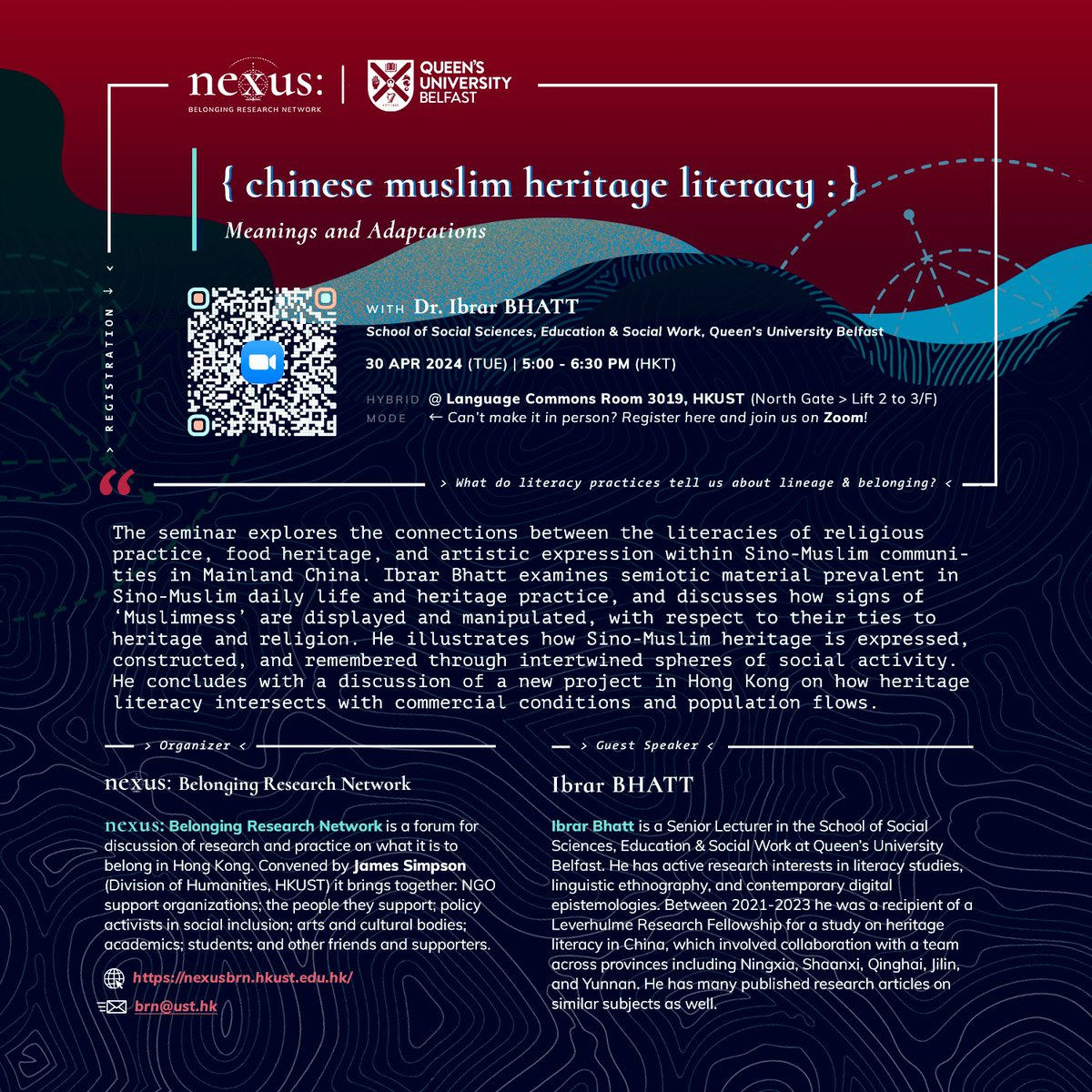 This is my talk at Hong Kong University of Science & Technology at the end of this month. Looking forward to meeting colleagues at the “Belonging Network” and sharing research. 
@hkust @CLER_QUB @QUBSSESW @SinoMuslimLit @LeverhulmeTrust @BritishAcademy_