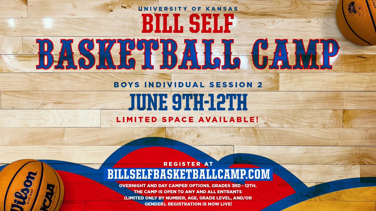 LIMITED SPACE AVAILABLE 🚨 Sign up today to get one of the last spots in Boys Individual Session 2 of @CoachBillSelf Basketball Camp 👇 More info ➝ BillSelfBasketballCamp.com