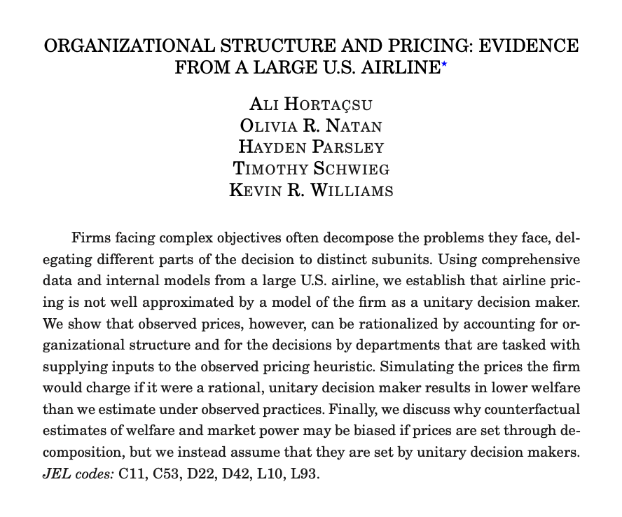From Cowles Discussion Paper to @QJEHarvard: Organizational Structure and Pricing: Evidence from a Large U.S. Airline By Ali Hortaçsu, Olivia R. Natan, Hayden Parsley, Timothy Schwieg, & Kevin R. Williams: cowles.yale.edu/research/cfdp-…
