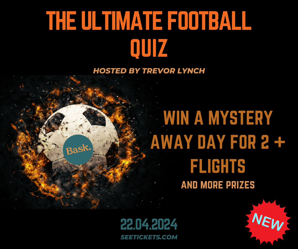 THE ULTIMATE FOOTBALL QUIZ! Top prize is a mystery away day to a European match, plus flights from Manchester for 2. Tickets > seetickets.com/event/the-ulti… Max 6 in a team. *please note date change, original tickets remain valid.