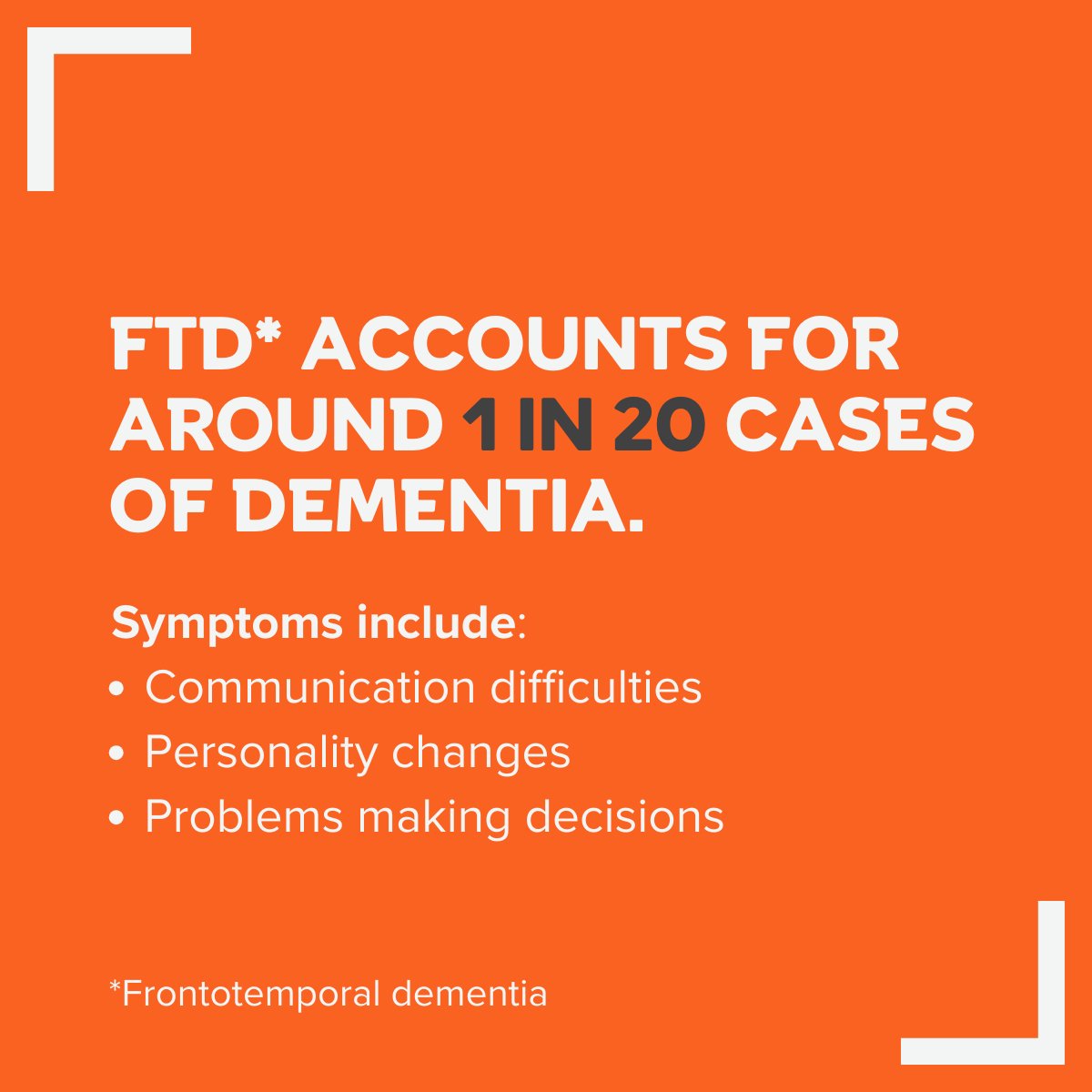 The term frontotemporal dementia describes a group of diseases that affect the front and sides of our brain. Symptoms can start in mid-life, often between the ages of 40 and 65. For more info visit: alzheimersresearchuk.org/dementia-infor…
