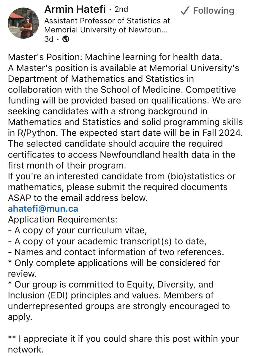 Masters opportunity in machine learning