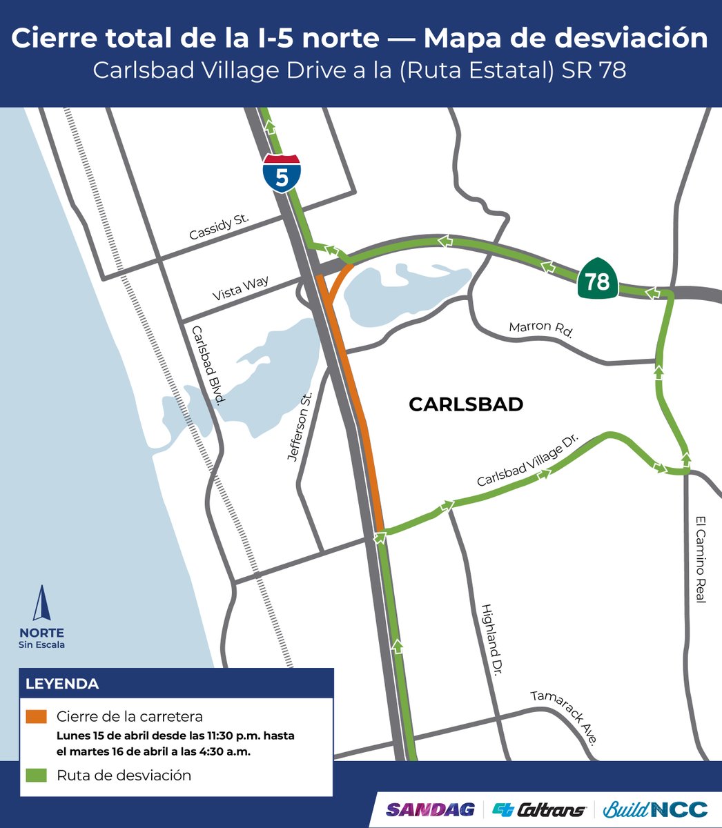 🚧 SANDAG & @SDCaltrans Build NCC crews will close all northbound I-5 lanes from Carlsbad Village Drive to SR 78 from 11:30 p.m. on Monday, April 15 to 4:30 a.m. on Tuesday, April 16 to resume placement of an overhead sign structure in @CarlsbadCAGov.