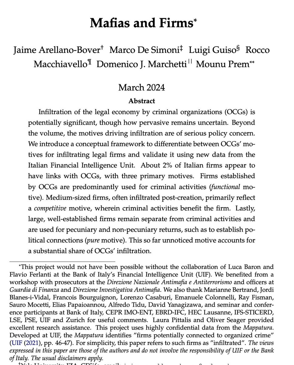 So excited to have this project on Mafias and Firms come out as working paper. Long time in the making! with @mardesimoni, Luigi Guiso, Rocco Macchiavello, Domenico Marchetti, and Mounu Prem