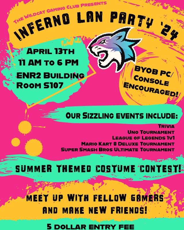 The semester is heating up with Inferno LAN 2024! 
Saturday, April 13th
11am to 6pm
ENR2 S107

Come out with your best Summer themed costume and your best gameplay to win a great prizes. If you can’t make it, the event will be streamed on our Twitch! 
twitch.tv/uazgaming