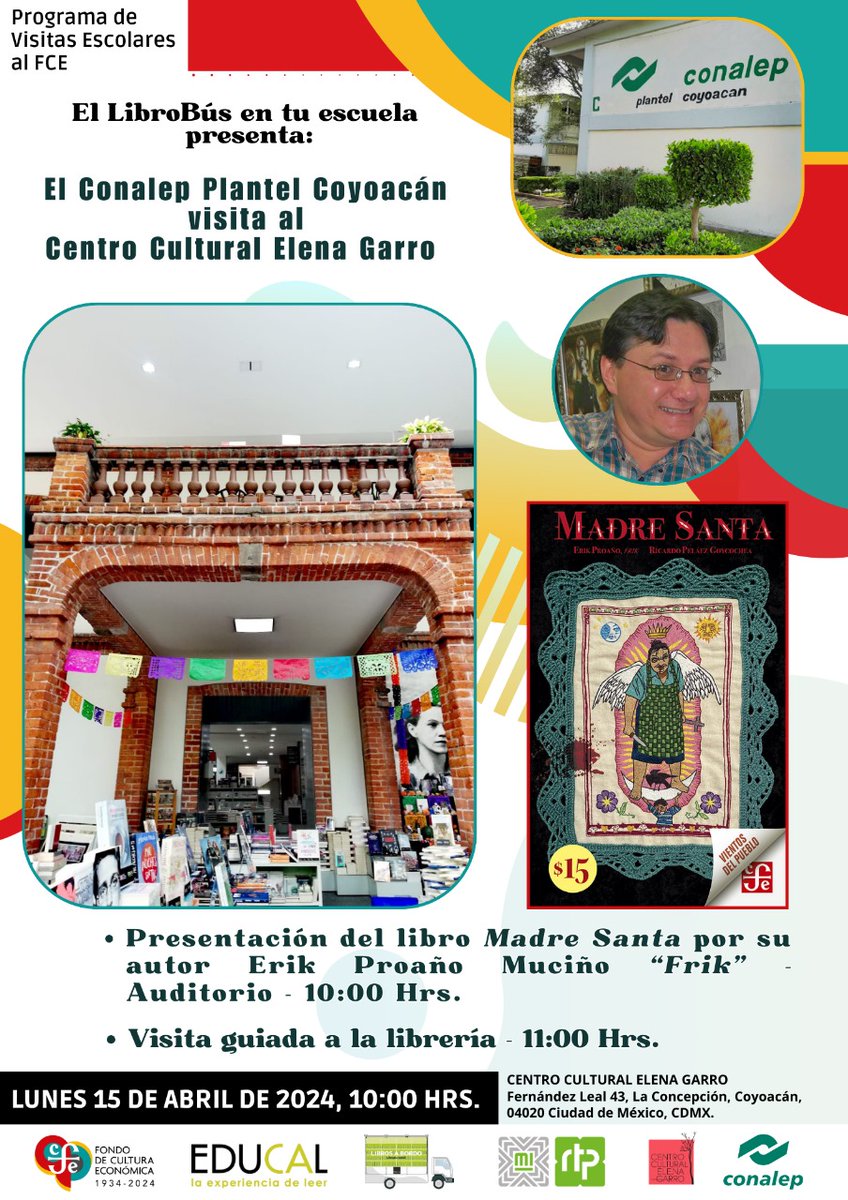 Este lunes 15 de abril el Conalep Plantel Coyoacán visita las instalaciones del @cc_elenagarro. Además, tendremos la presentación del libro 'Madre Santa' junto a su autor Erik Proaño (@Perikoperro). @CONALEP_Mex @LibreriasEducal #RepúblicaDeLectores @RTP_CiudadDeMex