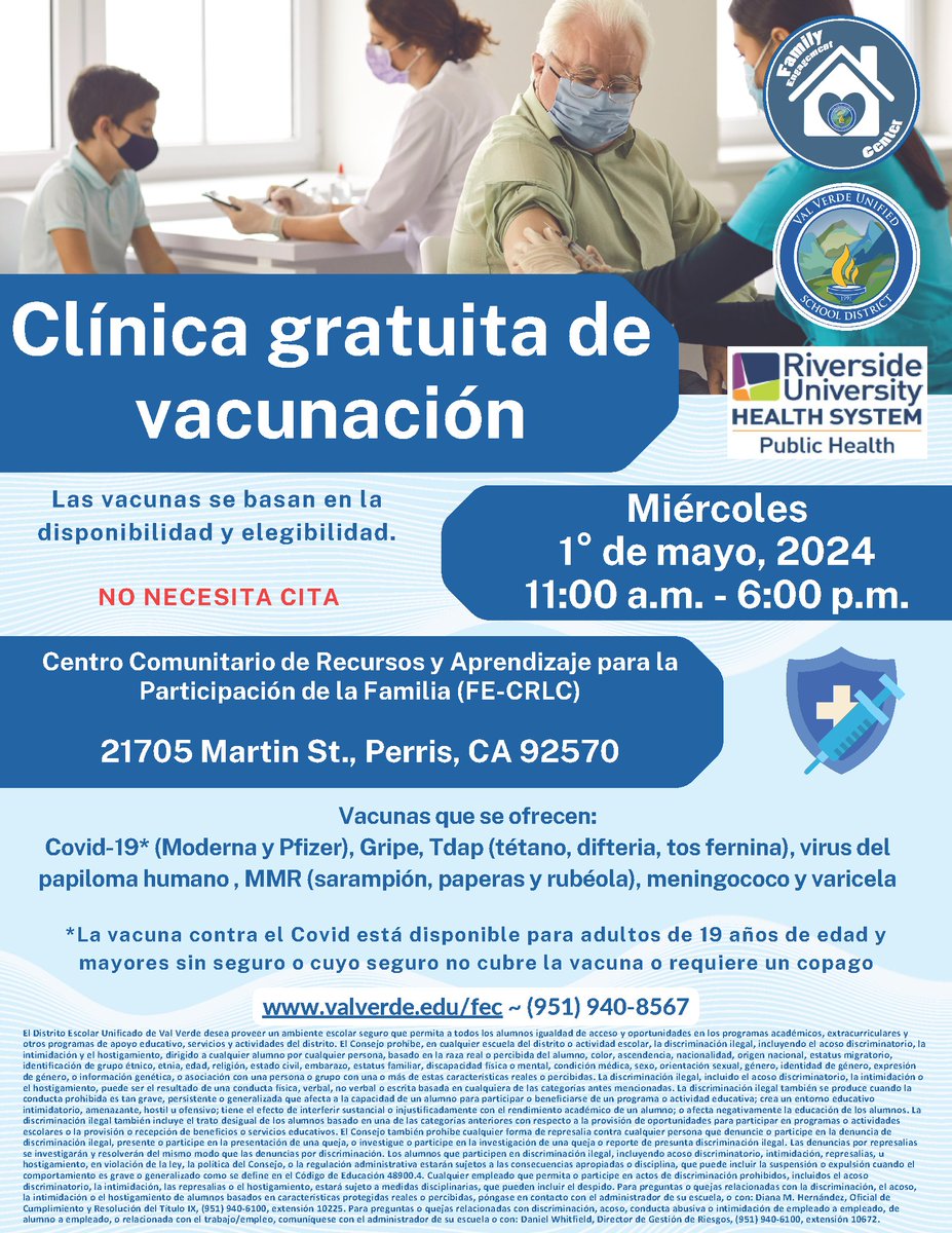 😃Por favor, acompañenos- Clínica de Vacunación Gratuita en colaboración con el Sistema de Salud de la Universidad de Riverside-No necesita cita Miércoles 1 de mayo, 2024 de 11:00a.m -6:00pm📷Covid-19, Gripe, Tdap, VPH, MMR, Meningococo y Varicela