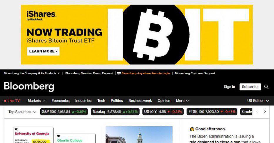 🚨 BREAKING 🚨 

BLACKROCK HAS LAUNCHED ITS 
BITCOIN ETF ($IBIT) ADVERTISING 
CAMPAIGN ON BLOOMBERG'S 
HOMEPAGE.

THIS IS GIGA BULLISH 🔥