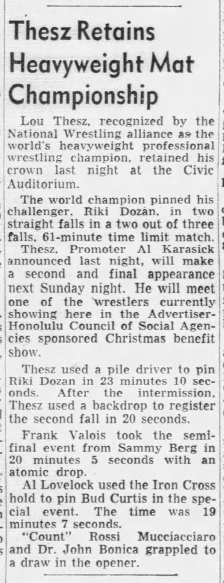 Honolulu, HI 12/06/1953 Lou Thesz vs Rikidozan. First time a Japanese wrestler received a world's title shot.