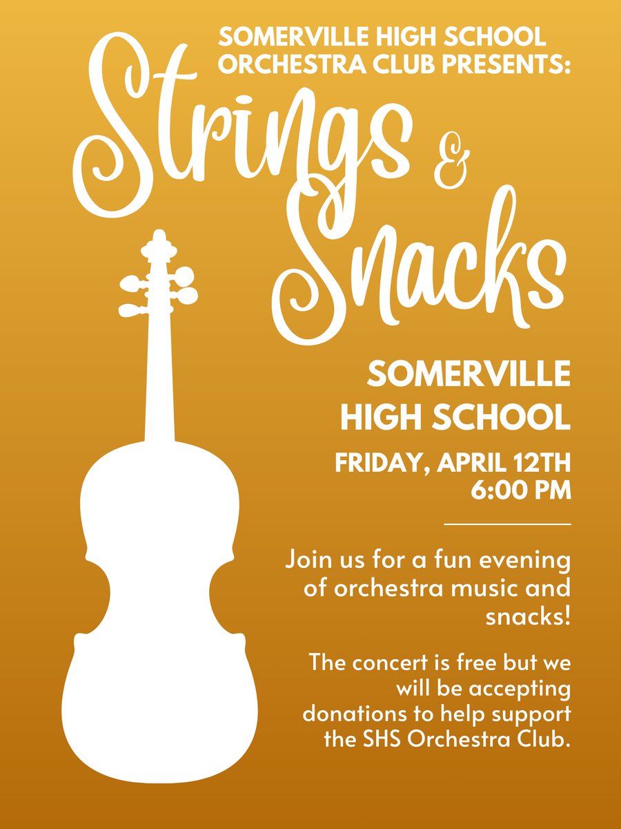 The SHS Orchestra Club Concert 'Strings & Snacks' is this Friday at 6:00PM. Hope to see you there!