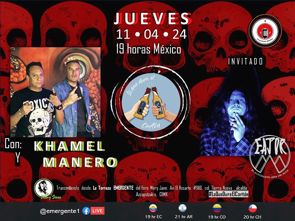 Hoy es jueves de #LoQueDureElCarton y <a href="/MiMANERO/">El Manero</a> y <a href="/emma_khamel/">Emmanuel Khamel</a> los esperamos por FACEBOOK LIVE en los perfiles de LO QUE DURE EL CARTÓN y CONECTANDO MUNDOS-EMERGENTE 7 pm México 🇲🇽 y LA CULTURA VA ADELANTE 9 pm Argentina 🇦🇷 #música #entrevistas #beer #rock 
#cerveza 🎸🎶🎵✌🏼🤘🏼🍻