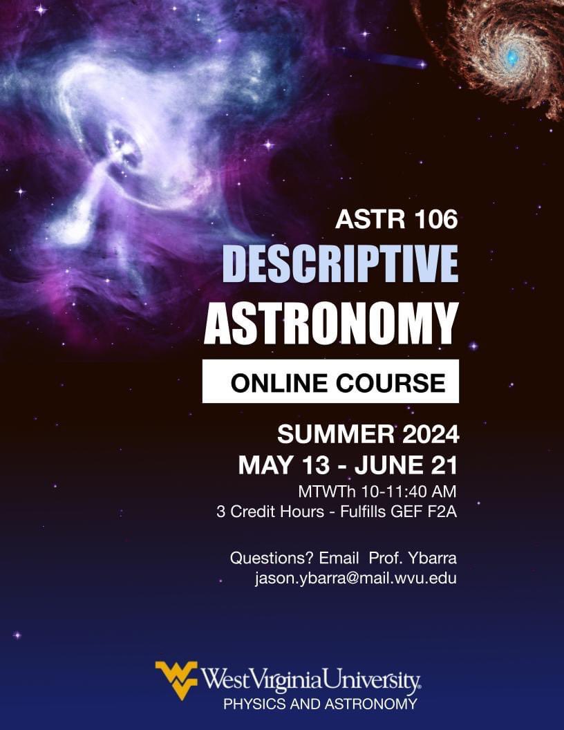 This online, summer course is open to all, including high school students. If you have ever wanted to explore astronomy, now is your chance! summer.wvu.edu/?fbclid=IwAR3g…
