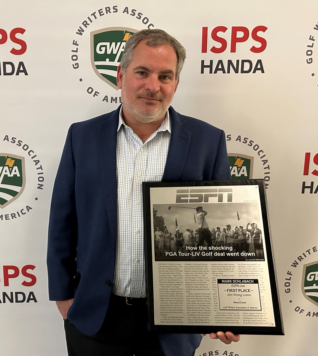 Congrats to ESPN sr. writer Mark Schlabach on being honored by the Golf Writers Association of America (@gwaa1946) Awarded 1st Place, for the 2nd straight year, in News/Game Writing for his piece 'How the shocking PGA Tour-LIV Golf deal went down' Read: bit.ly/3xzpCNP