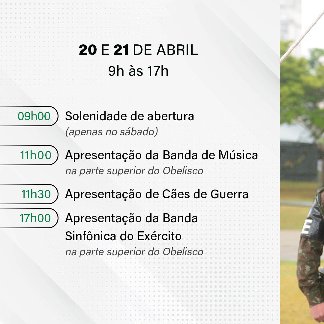 cmse_exercito's tweet photo. Venha celebrar o Dia do Exército conosco na EXPOEx!
Nos dias 20 e 21 de abril, no Obelisco do Ibirapuera, a EXPOEx estará repleta de atividades para toda a família!
Confira a programação e participe desse momento especial.
#DiaDoExército #EXPOEx https://t.co/BIykrMS0on