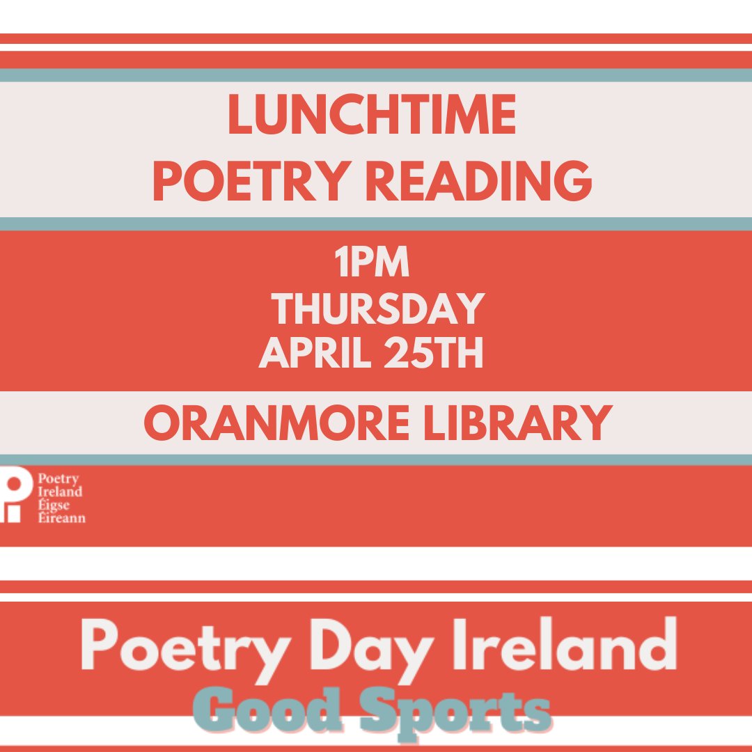 Our Poetry Reading Group will read a wide selection of their favourite poems on Poetry Day Ireland. Please pop in for a bit of lunchtime poetry! 1pm Thursday April 25th #PoetryDayIRL #PoetryDayIreland2024 #poetry @poetryireland @LibrariesIre @LibrariesGalway @oranmoreDOTie