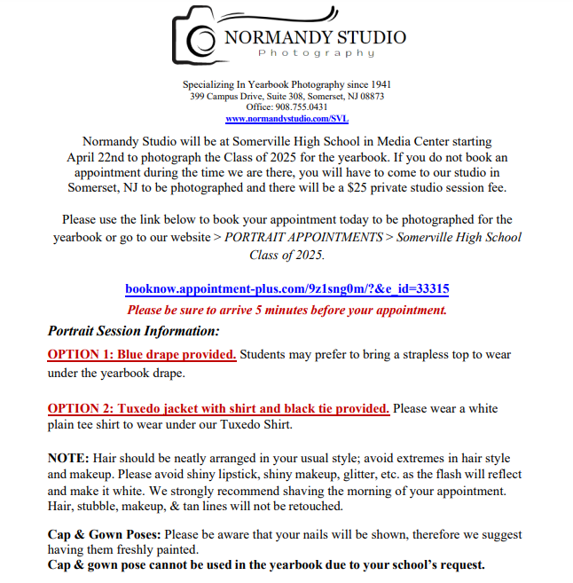 Normandy Studio will be at SHS in the Media Center starting April 22nd to photograph the Class of 2025 for the yearbook. See flyer for details! booknow.appointment-plus.com/9z1sng0m/?&e_i…