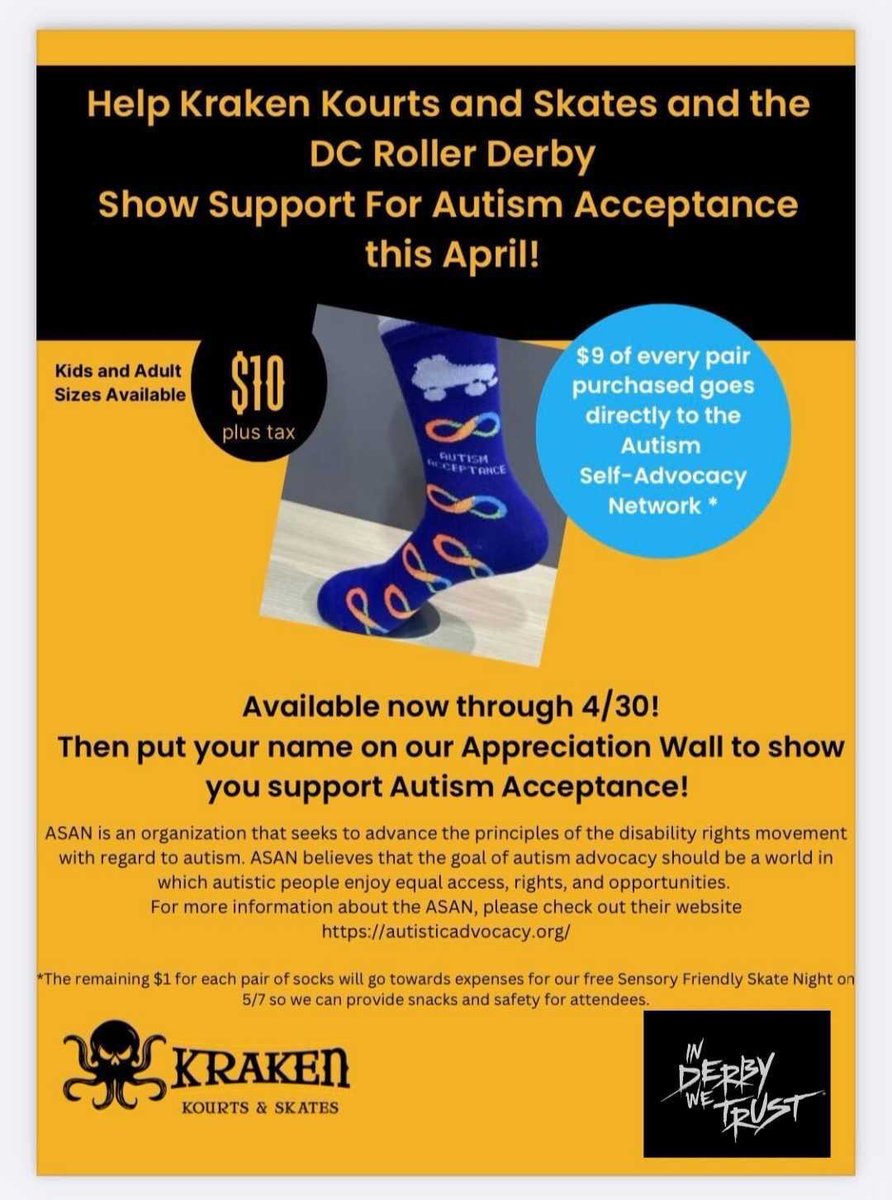 Visit Kraken Kourts and Skates (@Expkraken ) now through April 30 and pick up your Autism Awareness socks! A portion of every purchase will go to support the Autism Self-Advocacy Network. #dcrd #dcrollerderby #inderbywetrust® #autismawareness