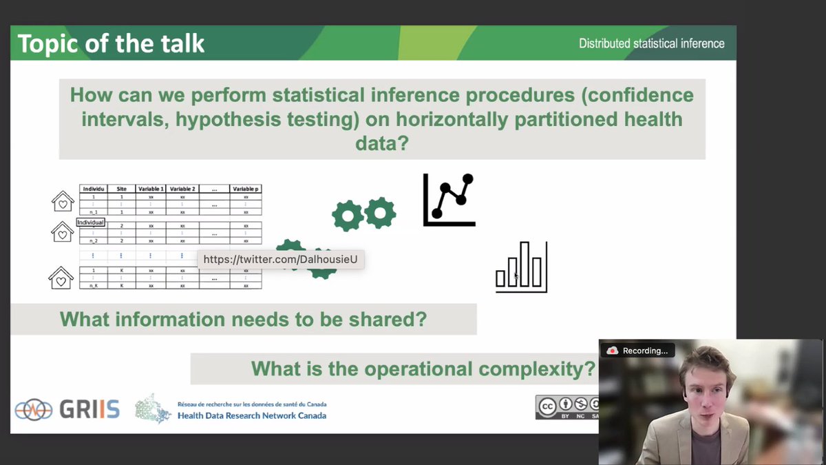 hdrn_rrds's tweet image. How can we perform statistical inference procedures on horizontally partitioned health data? Dr. Félix Camirand Lemyre/ @USherbrooke kicks off today&apos;s #FederatedAnalysis webinar on statistical review with #DistributedData.