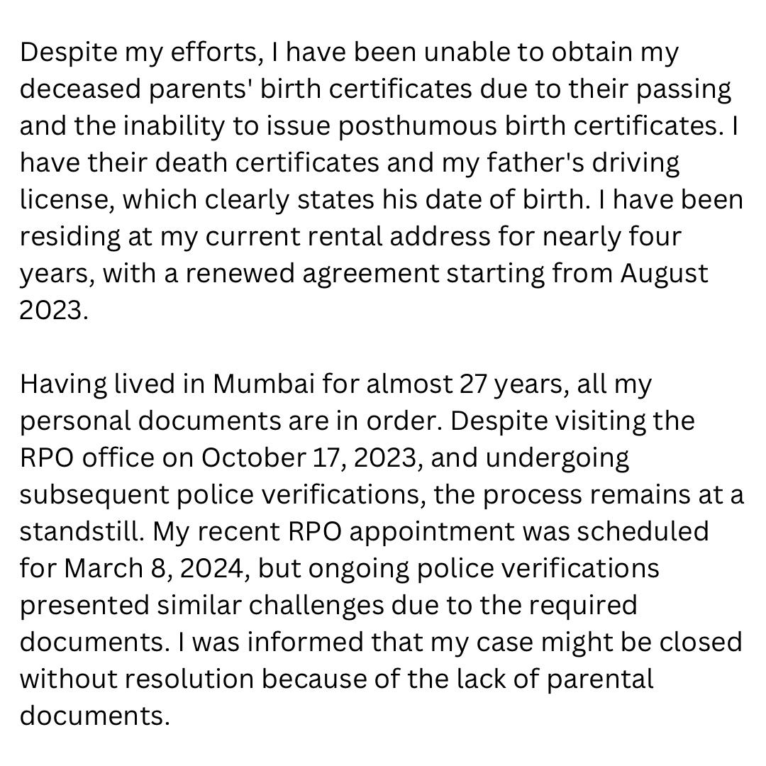pradhansaras23's tweet photo. I respectfully request your assistance in expediting my passport application and exploring alternative options for the documents. Your support is essential.

Thank you!

@passportsevamea 
@IndiaPassportDC 
@rpomumbai 
@dirpspmea 
@CPMumbaiPolice 
@DGPMaharashtra 
@narendramodi https://t.co/E2BzrIUPAB