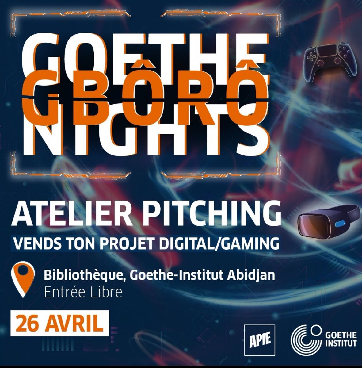 C'est relancé hein ! @BecauseImApie 💫 Le 26 avril prochain, rejoignez nous au Goethe-Institut à Cocody pour un afterwork gaming ! 🎮 Aussi, pour les professionnels du milieu, un workshop vous est proposé pour vendre vos projets. Inscrivez vous en DM, c'est gratuit 😊