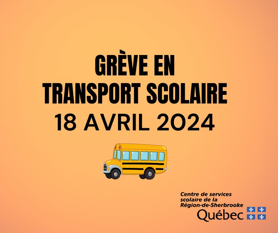 CSSsherbrooke's tweet image. Grève en transport scolaire – 18 avril 2024
Le transport par autobus scolaire jaune sera suspendu le 18 avril prochain.
Plus d’informations : bit.ly/3vYzG2d