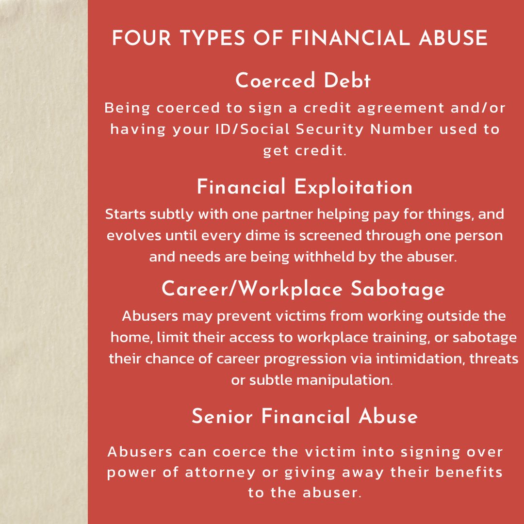 What is financial abuse? Here are the different kinds of financial abuse. Have any of these happened to you? 
#financialabuse #financialabuseawareness #financialliteracymonth