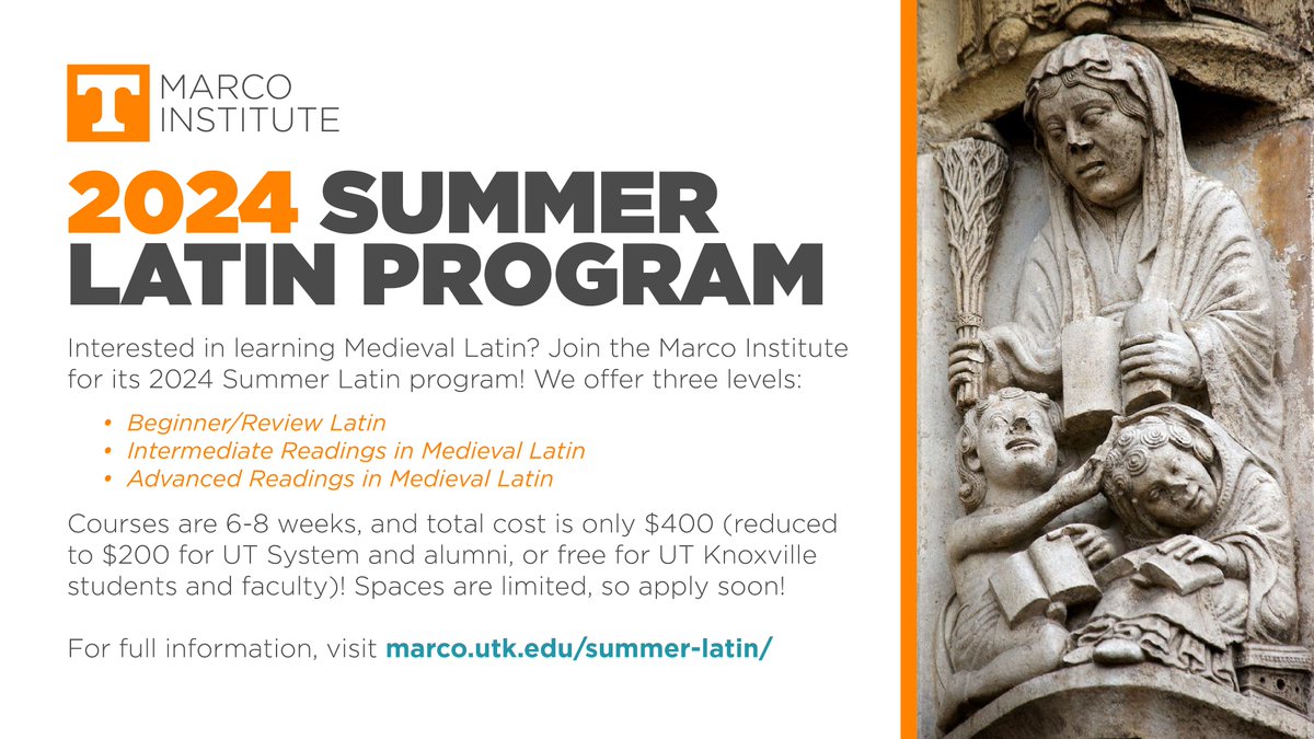 We're pleased to announce that REGISTRATION IS NOW OPEN for the 2024 Marco Summer Latin Program! (Held virtually using Zoom)! For more information on the program, fees, and registration, visit marco.utk.edu/summer-latin/. Space is limited, so register soon! (Deadline: May 10, 2024)