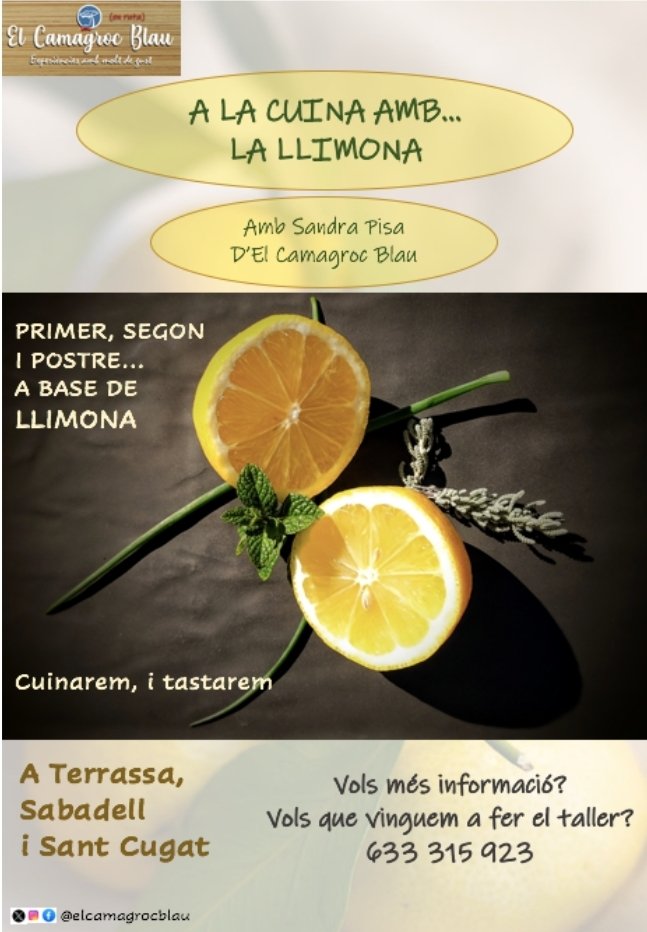 Preneu agendes!! Propers tallers: 
A LA CUINA AMB...

...LA LLIMONA: 🍋🍋🍋

📍@Ateneu. Av. Gràcia, 16. #SantCugat
📆 26/04, 10:30-12:30
📱ateneu.cat/cuina-temporad…

📍#MésXocolataMama. C/ Capmany, 21. #Sabadell
📆 02/05, 19-21h
📱670 503 593

#tallerdecuina