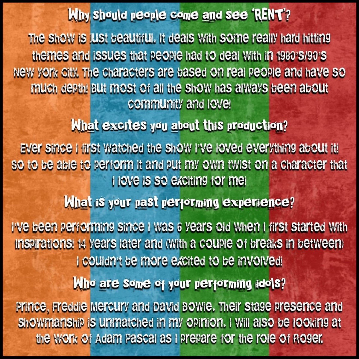 👋 Meet the cast 🎸

Say hello to our Rodger Davis being played by Kian Mosley in our upcoming production of RENT! 

Find out a little more about Kian here and his thoughts on taking on the role 🤟

Get you tickets now at the link below! ⬇️ 

bit.ly/3PJ3neD