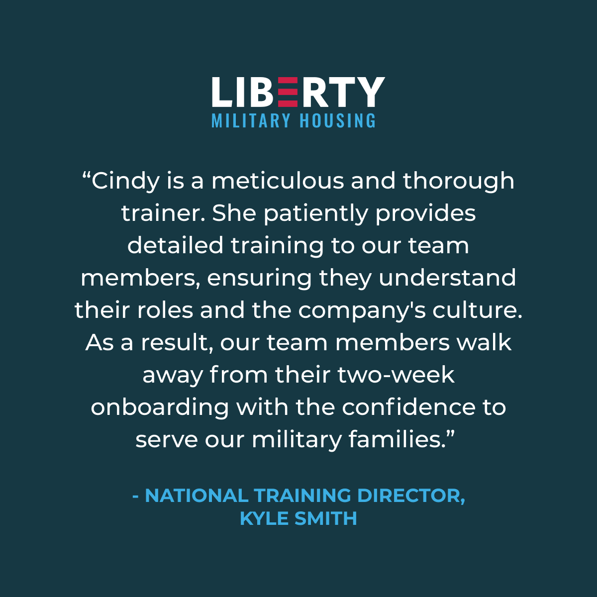 Meet Cindy, a #militaryspouse, #employeeowner, and National Operations Training Specialist at Liberty where her efforts are praised by both colleagues and leadership.

Thank you for your dedication to our mission and the #militaryfamilies we serve.