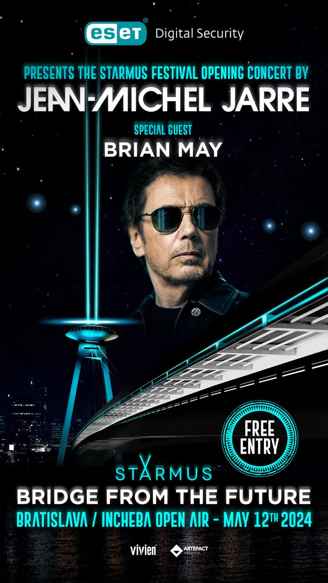 🎵Experience the magic of the STARMUS Opening Concert with icons renowned electronic music pioneer Jean-Michel Jarre ( @jeanmicheljarre ) and special guest Sir Brian May ( @DrBrianMay )! Join us on May 12th for their groundbreaking performance, 'Bridge from the Future,' against…