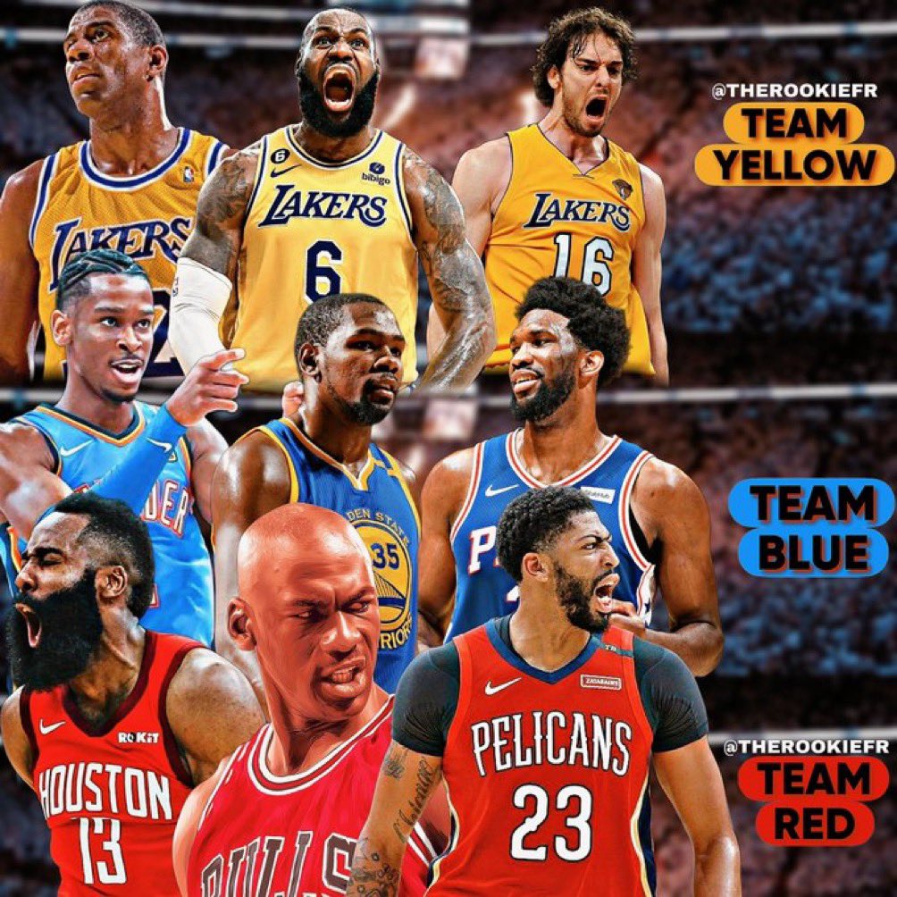 Which color are you taking? Team Yellow: Magic, Bron, Pau 🟡 Team Blue: SGA, KD, Embiid 🔵 Team Red: Harden, MJ, AD 🔴