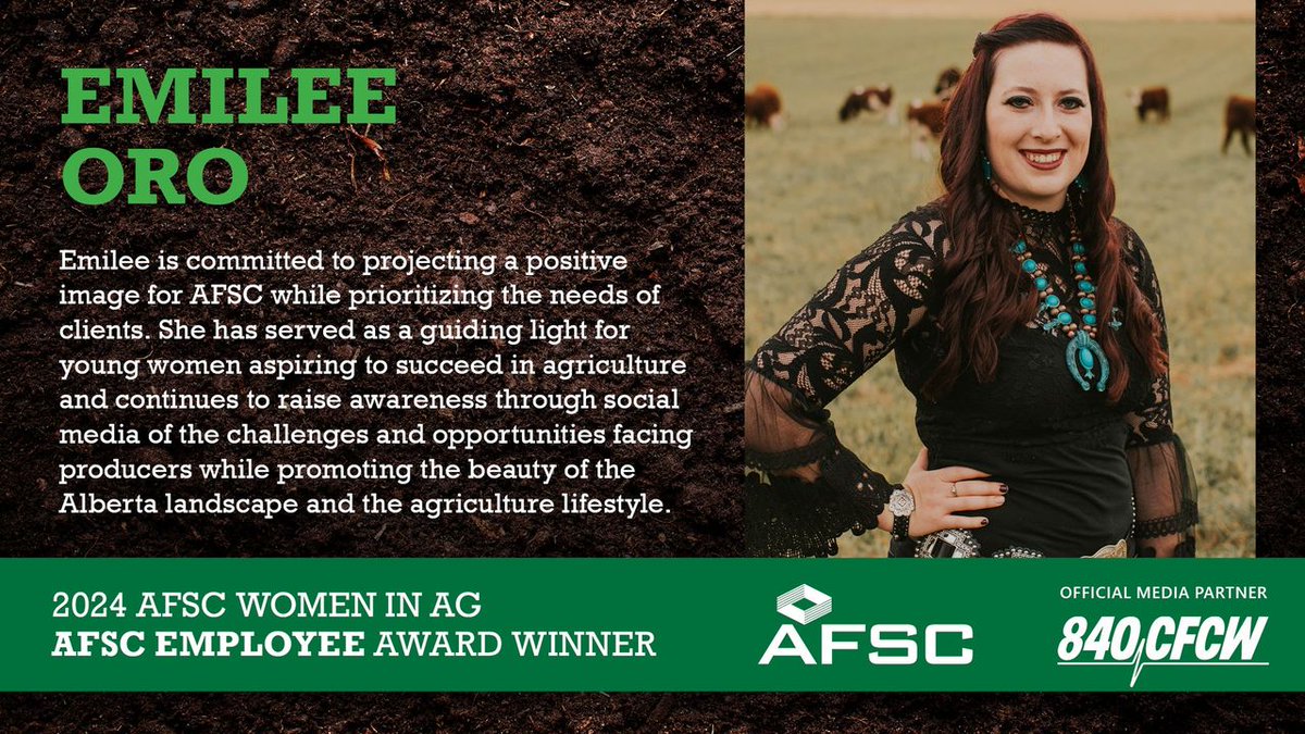 Women in Ag Award-Winner Spotlight: Emilee Oro prioritizes the needs of her clients at AFSC, raising awareness through social media about the challenges they face. Catch her tomorrow on the @840CFCW Alberta Ag Show with Cheryl Brooks. Full bio here: bit.ly/49WvEq1 #ABag