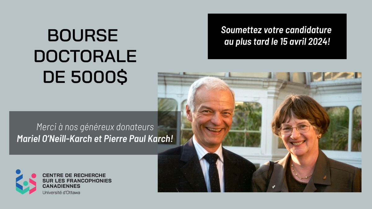 *DERNIER RAPPEL* – Vous avez jusqu’au 15 avril pour poser votre candidature au concours 2024-2025 des bourses de maîtrise (2500 $) et de doctorat (5000 $) du @CRCCF! Pour les détails : tinyurl.com/yt89yd3v #bourses #recherche #étudessupérieures @uottawa @uOttawaMLagace