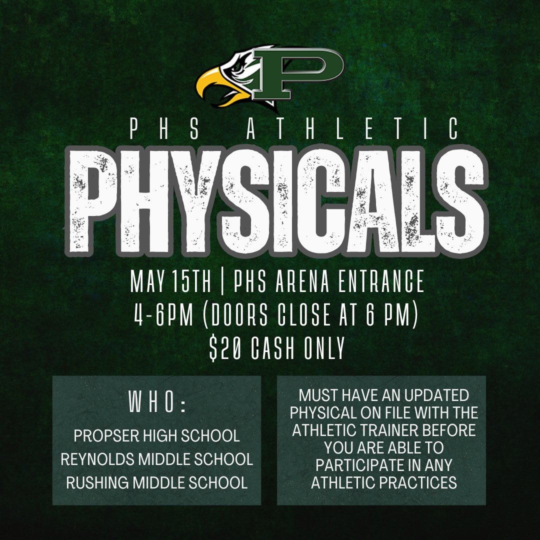 Mark your calendar for Physical Night 🗓️ ✔️ 💪🏼 🦅 May 15th — 4-6PM @ the PHS Arena Entrance *PHS, Reynolds, & Rushing*