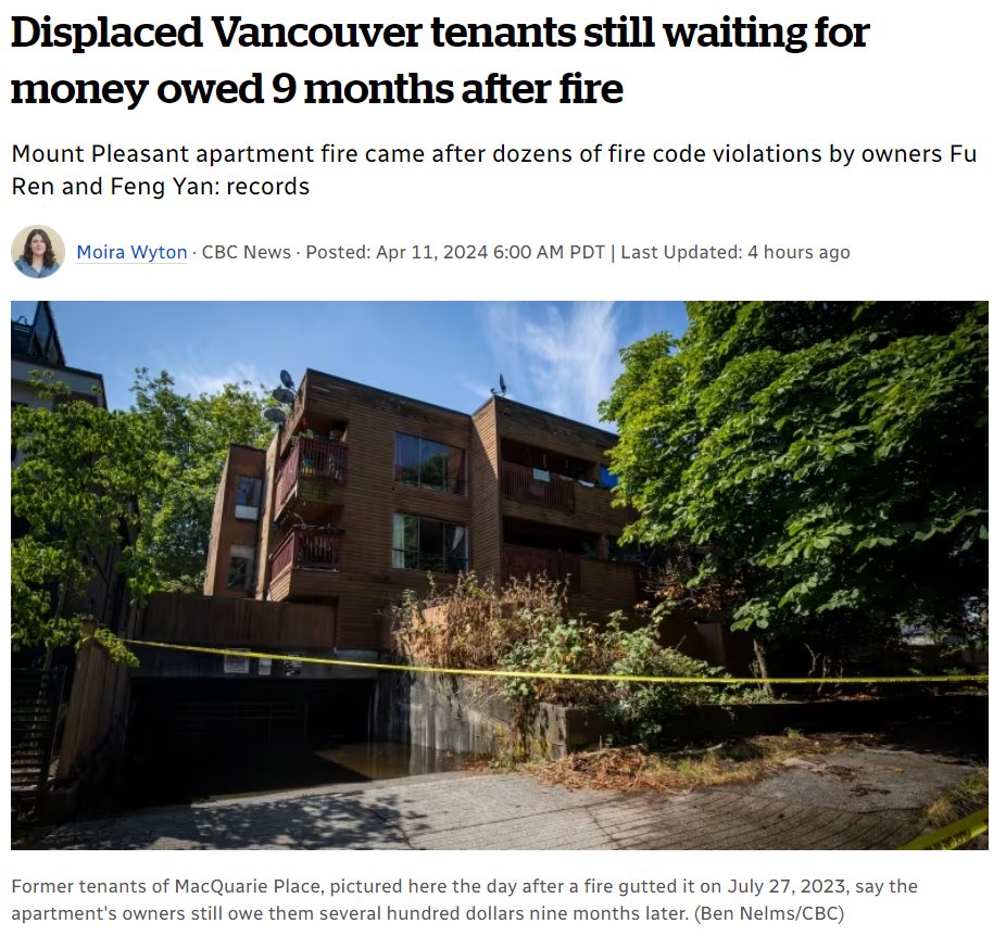 Tenants at a Vancouver apartment gutted by fire say their ex-landlords still owe them thousands in withheld damage deposits. At least 2 former residents say they have been forced to move out-of-province, their faith in B.C.'s renter protections shattered. cbc.ca/news/canada/br…