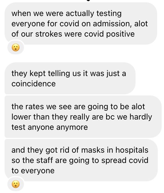 “when we were actually testing everyone for covid on admission, alot of our strokes were covid positive … they kept telling us it was just a coincidence” - ICU nurse