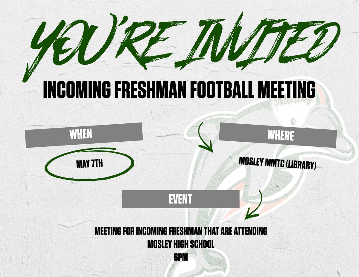 Mark your calendars, Tuesday May 7th, for all incoming freshman that are interested in playing Mosley Football. The meeting will be in the Mosley MMTC (Library) at 6pm. See you there!!!