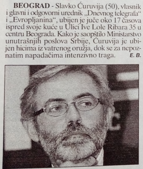 Ovo je kompletna vest Blica, izdanje od 12.04.1999, o ubistvu Ćuruvije. Veselin Simonović, gl. urednik i doajen nezavisnog novinarstva, objavio je samo dve rečenice iz saopštenja MUP-a. Simonović je tvrdio da je to naređeno iz Ministarstva informisanja, na čijem čelu je bio Vučić