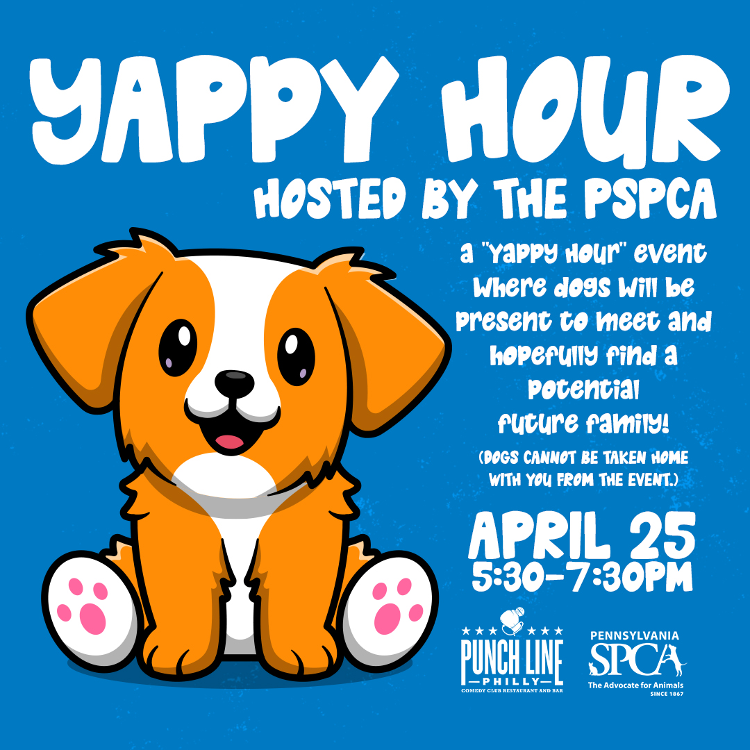 Mark your calendars! On 4/25, we will be hosting Yappy Hour at Punch Line Philly between 5:30PM- 7:30PM. Come enjoy themed beverages, learn about our lifesaving work, and meet adoptable dogs! With each featured cocktail purchase, $2 will be donated directly to the PSPCA.